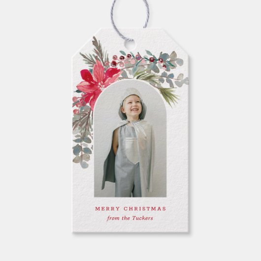 モダンArch Christmas Waterカラーフローラ写真 ギフトタグ (正面)