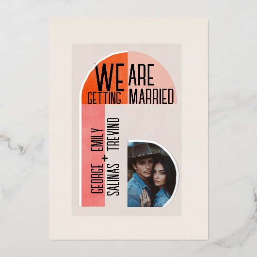 モダンArch、Orange、Pink、Photo Area 箔招待状 (正面)