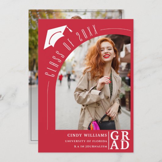 モダンArch Photo Grad Hat Red Graduation 案内状 (正面/裏面)