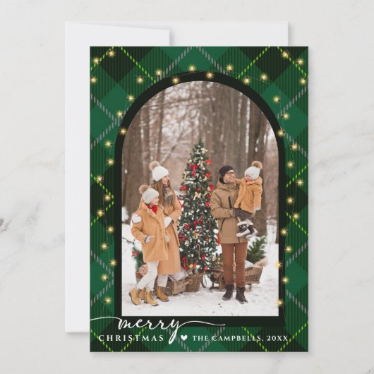 モダンArch & Script Green Plaidクリスマスフォト シーズンカード (正面)