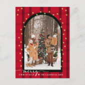 モダンArch & Script Red Plaidクリスマスフォト シーズンポストカード (正面)