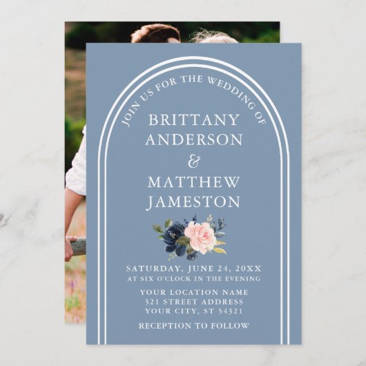 モダンArch's Dusty 結婚 Blue Pinkフローラ写真 招待状 (正面/裏面)