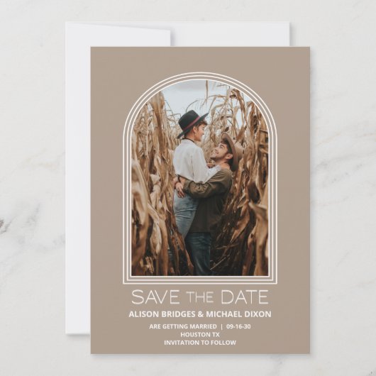 モダンBeige Arch Photo Wedding Save the Date セーブザデート (正面)