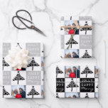 モダンBlack Christmas Tree Family Photo ラッピングペーパーシート<br><div class="desc">黒モダンのクリスマスツリー家族の写真ラッピング紙シート。抽象芸術モダンブラックのクリスマスツリーと星。ハッメリーピーすてきタイポグラフィ。デザインにカスタムテンプレート写真を挿入し、クリスマスの紙を作るパーソナライズされたことユニーク。</div>