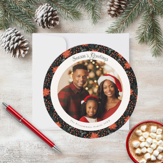 モダンBlack & Red Poinsettiaクリスマスフォトカード カード