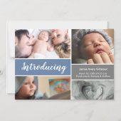 モダンblueの紹介ベビースクリプトのphoto collage マグネット招待状 (正面)