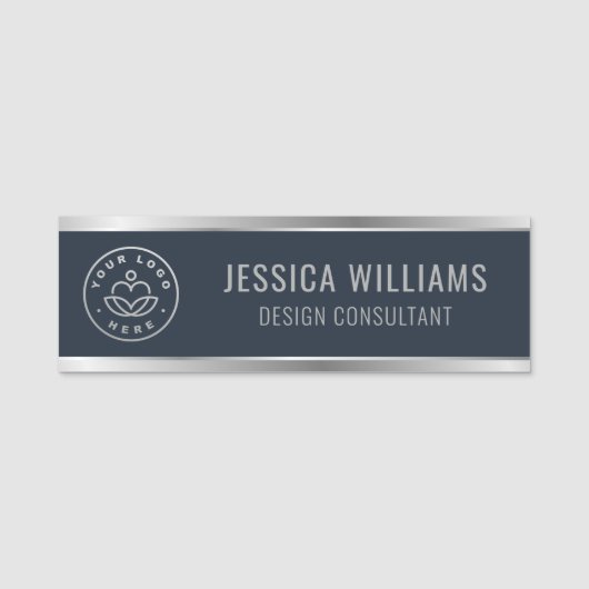 モダンBlue Silver Businessロゴ 名札 (正面)