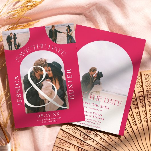 モダンboho arch 4枚のマゼン結婚タン セーブザデート