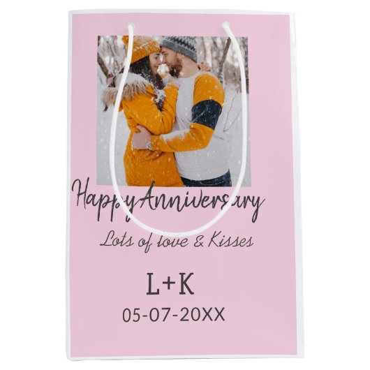 モダンboho happy anniversary add name date orange ミディアムペーパーバッグ (正面)