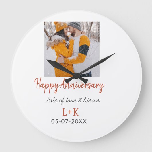 モダンboho happy anniversary add name date orange ラージ壁時計 (正面)