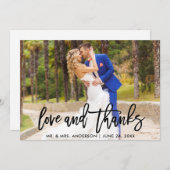 モダンBrush Script Love and 感謝してい結婚 Photo サンキューカード (正面/裏面)