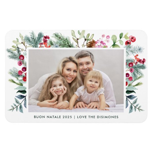 モダンBuon Natale水彩Holly Berry写真 マグネット (横)