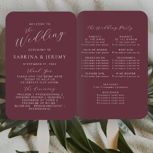 モダンBurgundy書道台本結婚式 プログラム ハンドファン