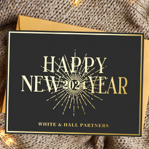 モダンBusiness Happy New Yearロゴ  黒い金ゴールド 箔シーズンポストカード
