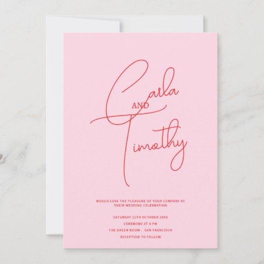 モダンCaliggraphy Script Red Pink's 結婚 招待状 (正面)