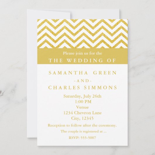 モダンChevronホワイトと金ゴールド結婚式招待状 招待状 (正面)
