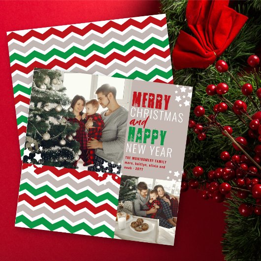 モダンChevron Merry Christmas Happy New Year Photo シーズンカード