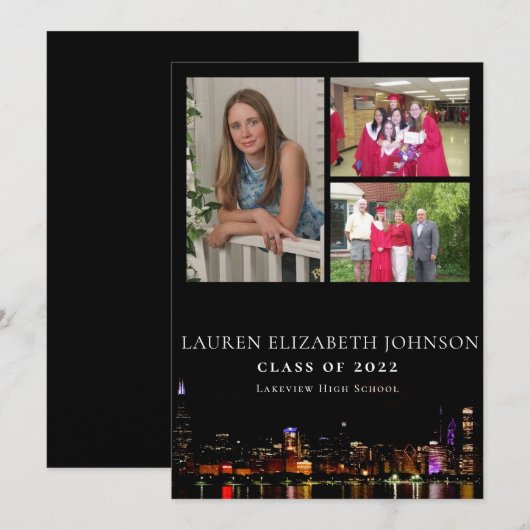 モダンChicago Skyline 3 Photo Collage卒業 案内状 (正面/裏面)