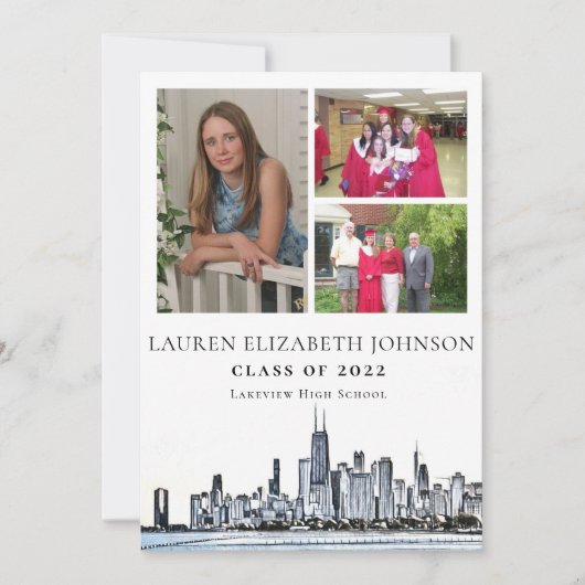 モダンChicago Skyline 3 Photo Collage卒業 案内状 (正面)
