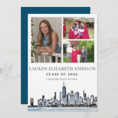 モダンChicago Skyline 3 Photo Collage卒業 案内状 (正面/裏面)