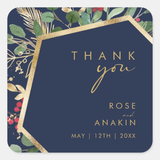モダンChristmas Greenery Navy Thank 結婚. スクエアシール (正面)