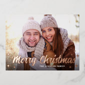 モダンCHRISTMAS PHOTO Greetingバラ金ゴールド 箔シーズンポストカード (正面)