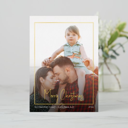 モダンChristmas Script |フレーム付きフォト金ゴールド 箔シーズンカード (立ち正面)