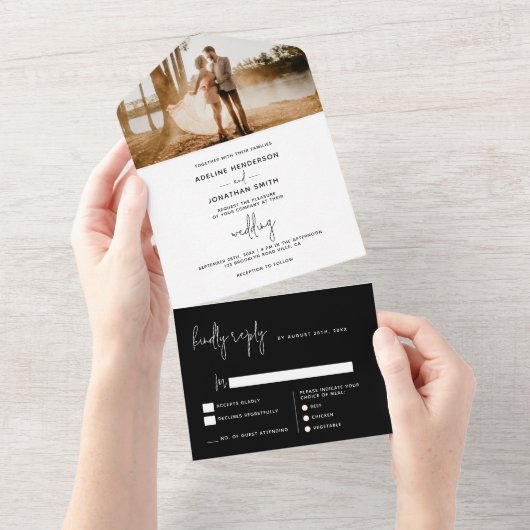 モダンClassy Black and White Photo結婚's オールインワン招待状 (貼ってはがせる)