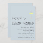 モダンCROSSバプテスマミニマルベビーブルー金ゴールドフォイルI 招待状 (正面/裏面)