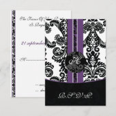 モダンdamask紫rsvpカード標準3.5 x 5 出欠カード (正面/裏面)