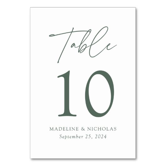モダンDark Sage Green Scriptのミニマル結婚リスト テーブルナンバー (裏面)