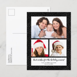モダンDIY 3写真名Year Script Snowy Black シーズンポストカード