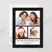 モダンDIY 3写真名Year Script Snowy Black シーズンポストカード (正面/裏面)