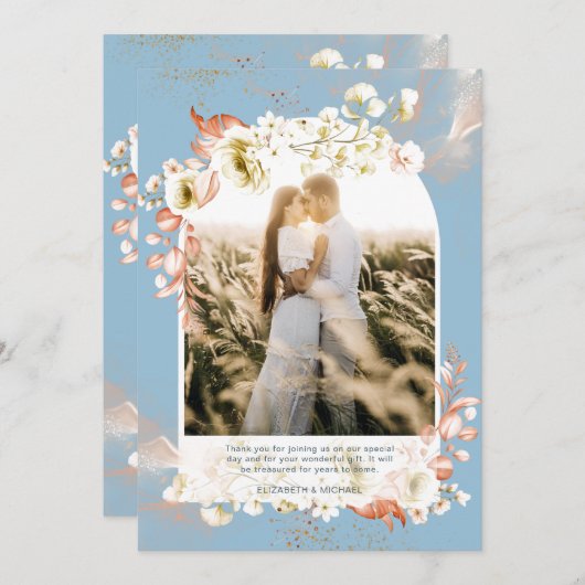 モダンDusty Blue Coralフローラ写真ありがとう サンキューカード (正面/裏面)