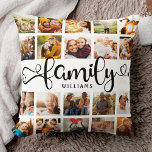 モダンFamily Script 20 Photo Collage Chic スタイリッシュ クッション<br><div class="desc">トレンディーモダンスのFAMILYと以下の名前をカスタムするを取り巻く20枚の写真のための宇宙付きカスタムの写真コラージュ枕読。これは両面バージョンである。</div>