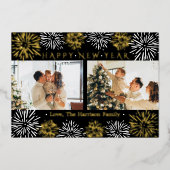 モダンFireworks 2フォトハッピー新年実在 箔シーズンカード (正面)