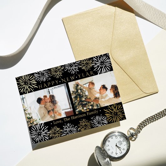 モダンFireworks 2フォトハッピー新年実在 箔シーズンカード