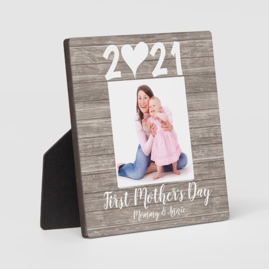 モダンFirst Mother's Dayハートフォトフェイクウッド フォトプラーク (正面)