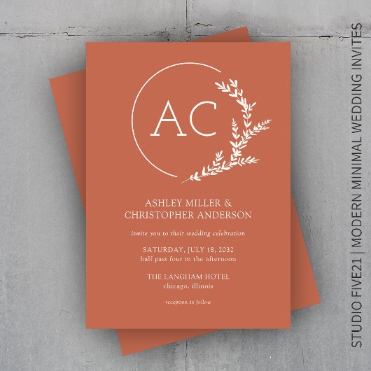 モダンFoliage Frame Copper Red結婚's 招待状