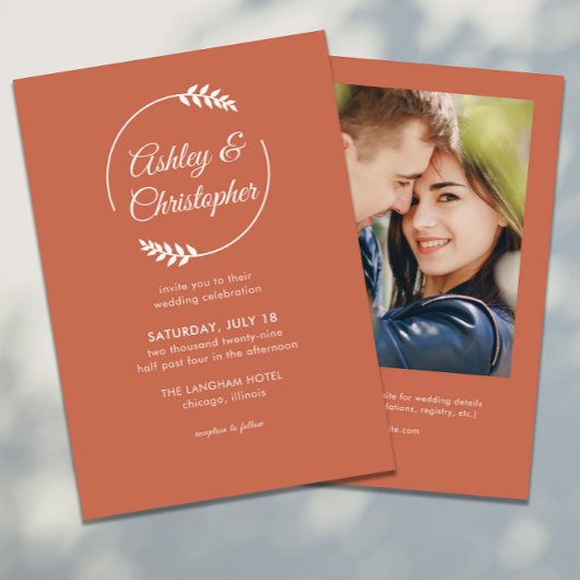 モダンFoliage Frame Copper Red Photo結婚's 招待状