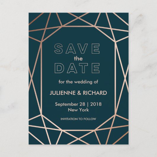 モダンGeometric Diamond Wedding Save the Date 案内ポストカード (正面)