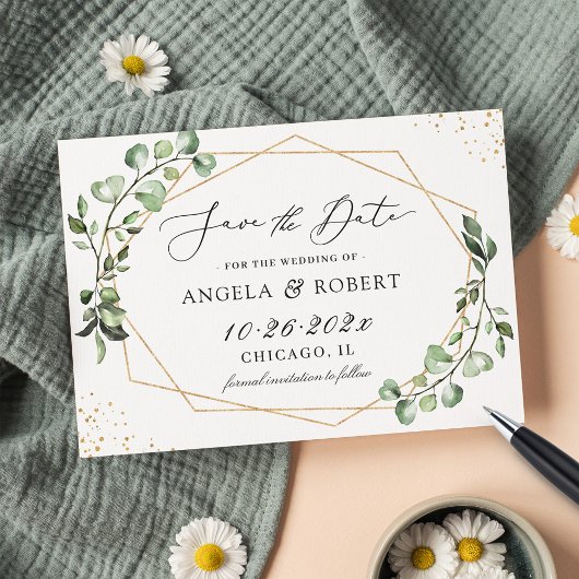 モダンGeometric Greenery Eucalyptus葉スクリプト セーブザデート