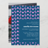 モダンGeometric Navy Pink Graduation Party Photo 招待状 (正面/裏面)
