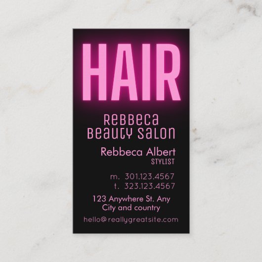 モダンglam pink neon hair script logo qrコード 名刺 (正面)