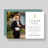 モダンGreen Cross Boy First Communion写真 サンキューカード