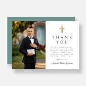 モダンGreen Cross Boy First Communion写真 サンキューカード