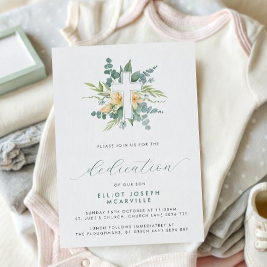 モダンGreeneryクロススクリプトベビー献身 招待状