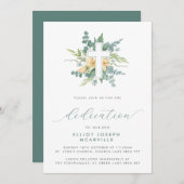 モダンGreeneryクロススクリプトベビー献身 招待状 (正面/裏面)