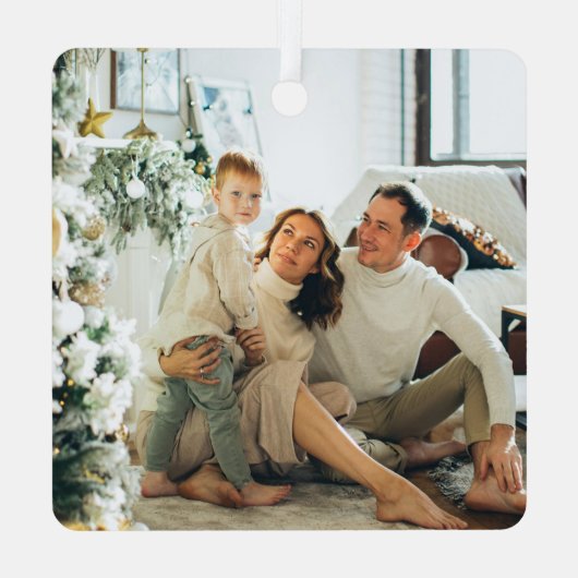 モダンGreenery Black Christmas Family写真 メタルオーナメント (裏面)
