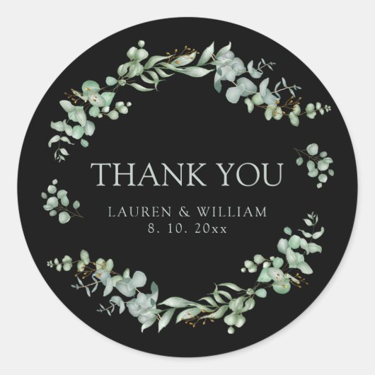 モダンGreenery Black Sage結婚's Thank You ラウンドシール (正面)
